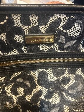 Tory Burch Black and Cream Lace-Overlay Tote